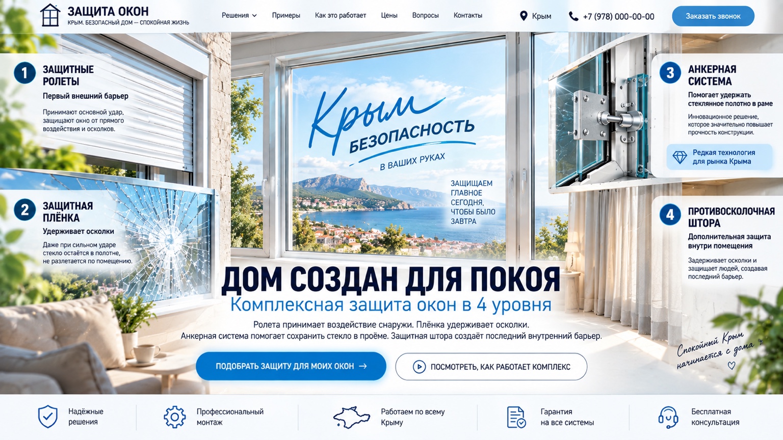 Дом создан для покоя. Защитные ролеты, плёнка, анкерная система и противоосколочная штора.